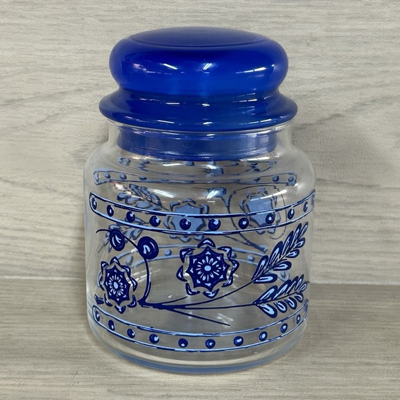 Anchor Hocking Other - Anchor Hocking Glass Pietro Gobeo Blue Kitchen Canister Flower w Lid Small 5.5"